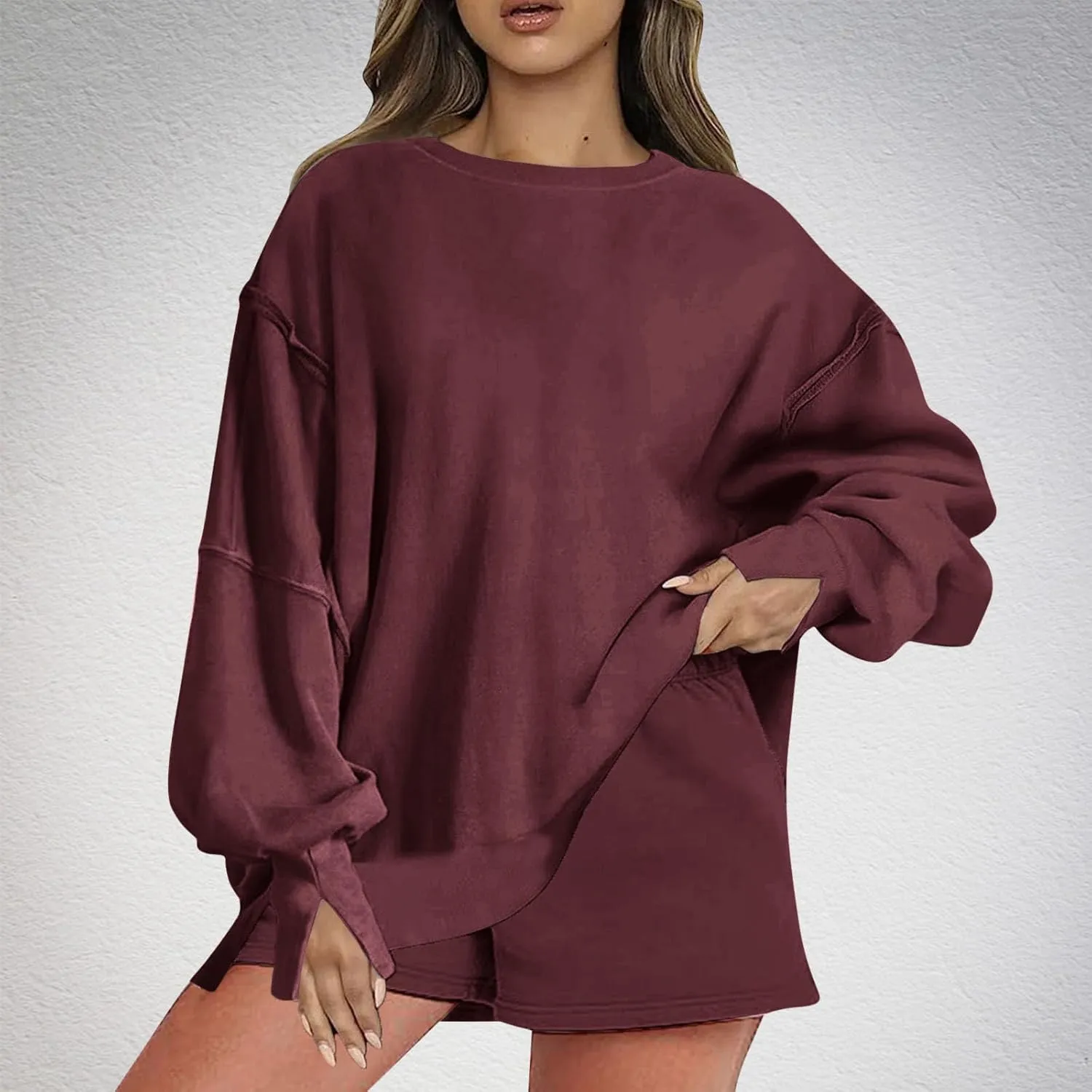 2 Piece Outfits For Women Oversized Crew Neck Sweatshirts And Shorts Tracksuit Set Casual Fall Sweatsuit Lounge Sets
