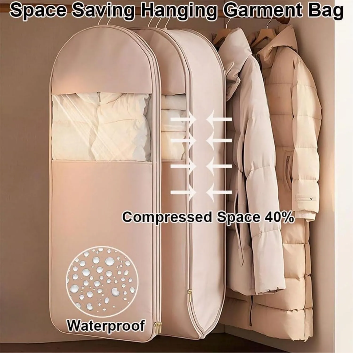 2PCS Tapinterior Hanging Garment Bag, 2025 Space Saving Hanging Garment Bag with Self Compression Zipper, New Space Saving Hanging Protector, Space Saver Closet Organizers (Pink, Small)