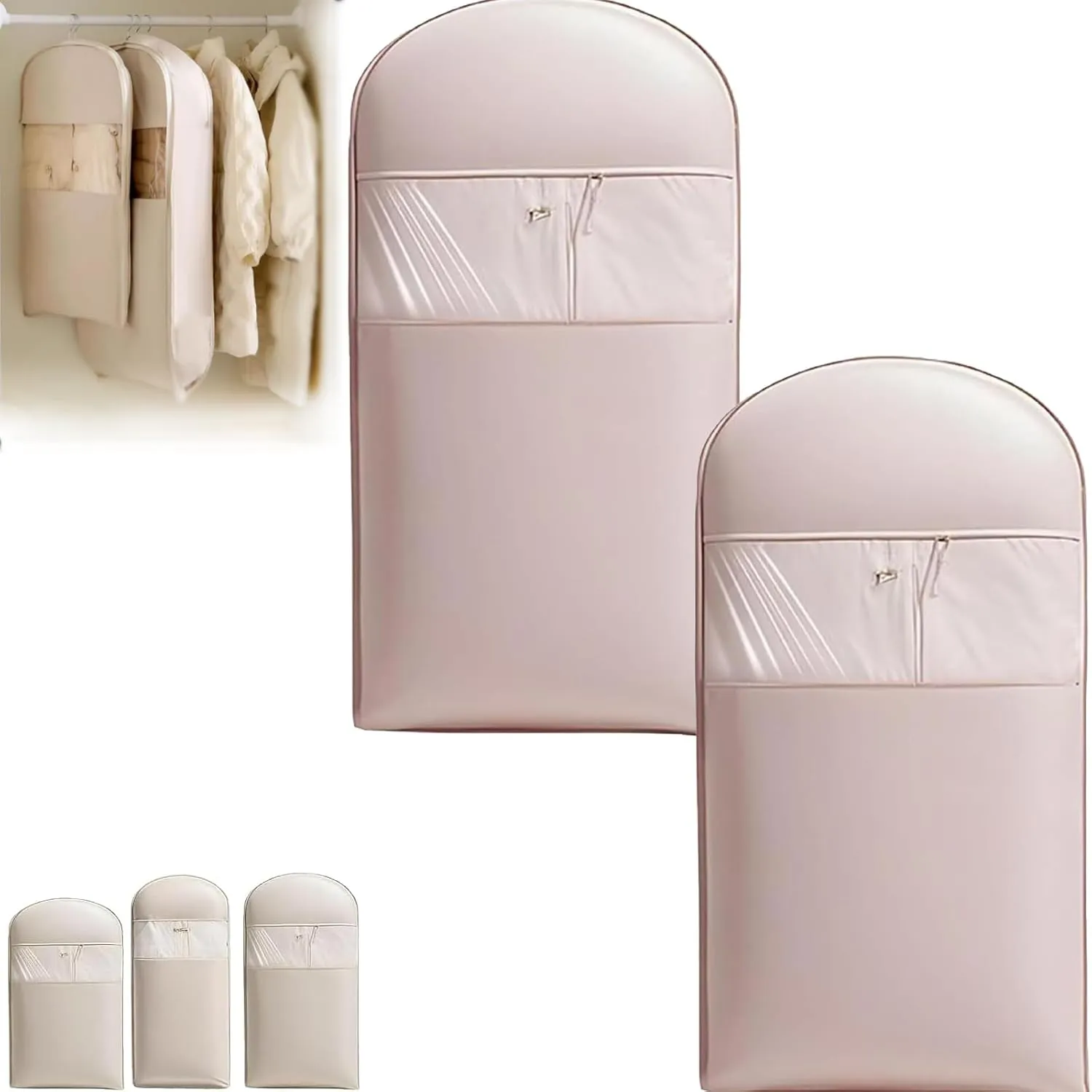 2PCS Tapinterior Hanging Garment Bag, 2025 Space Saving Hanging Garment Bag with Self Compression Zipper, New Space Saving Hanging Protector, Space Saver Closet Organizers (Pink, Small)