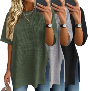 3 Pack Women's Oversize Short Sleeve Tops Waffle Knit Crewneck T-Shirts Summer Casual Side Split Tees(Black, Light Gray, Olive Green,Large)