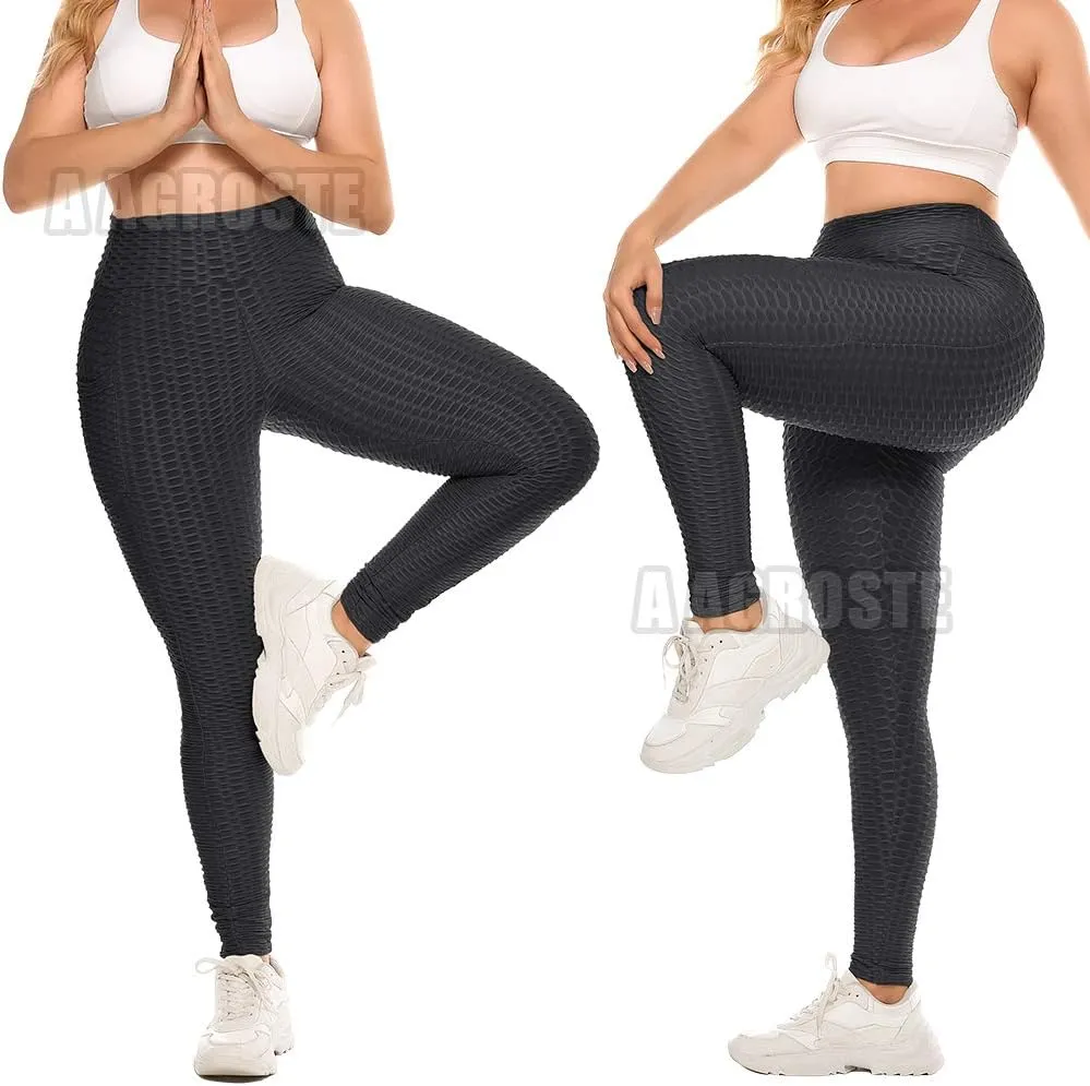 A AGROSTE Women's High Waist Yoga Pants Tummy Control Workout Ruched Butt Lifting Stretchy Leggings Textured Booty Tights