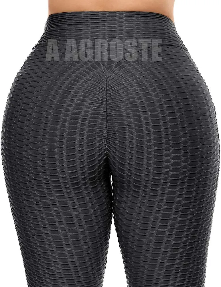 A AGROSTE Women's High Waist Yoga Pants Tummy Control Workout Ruched Butt Lifting Stretchy Leggings Textured Booty Tights
