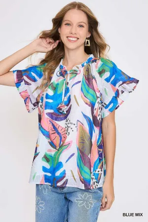 Abstract Print Top with Flutter Sleeves