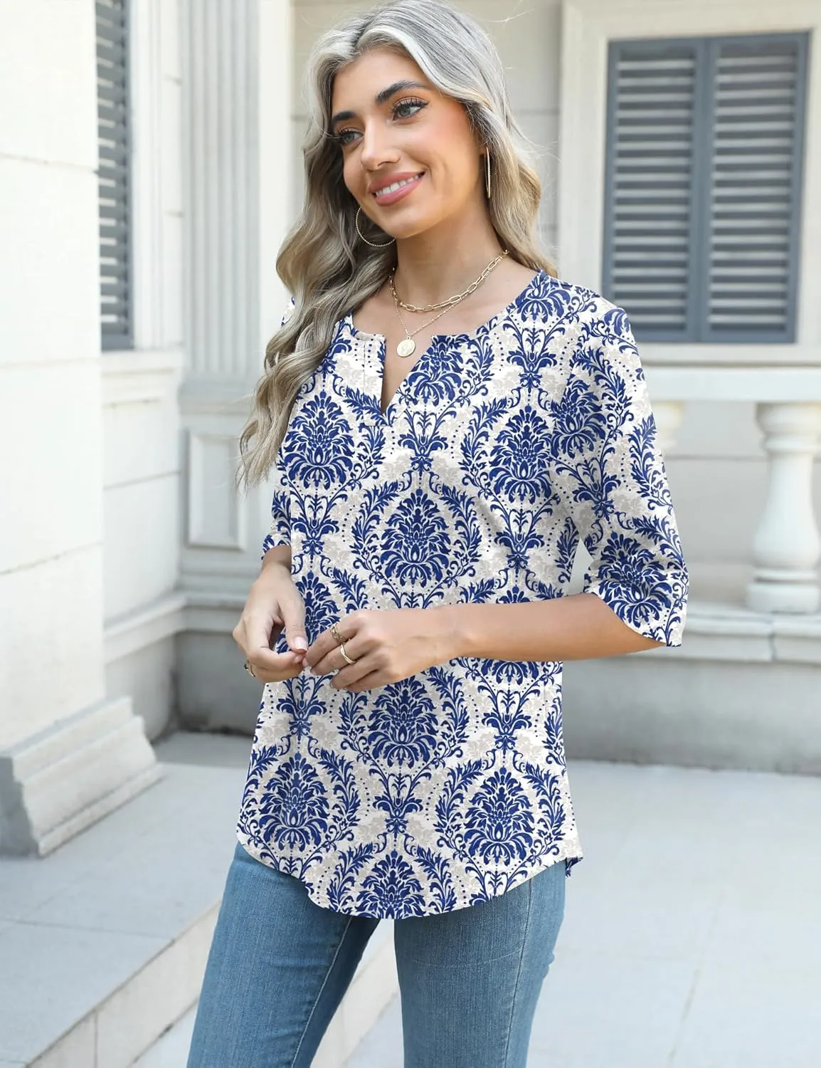 AKEWEI Women's V Neck 3/4 Sleeve T Shirts Summer Top Dressy Casual Basic Tees Shirt Tunic Blouses