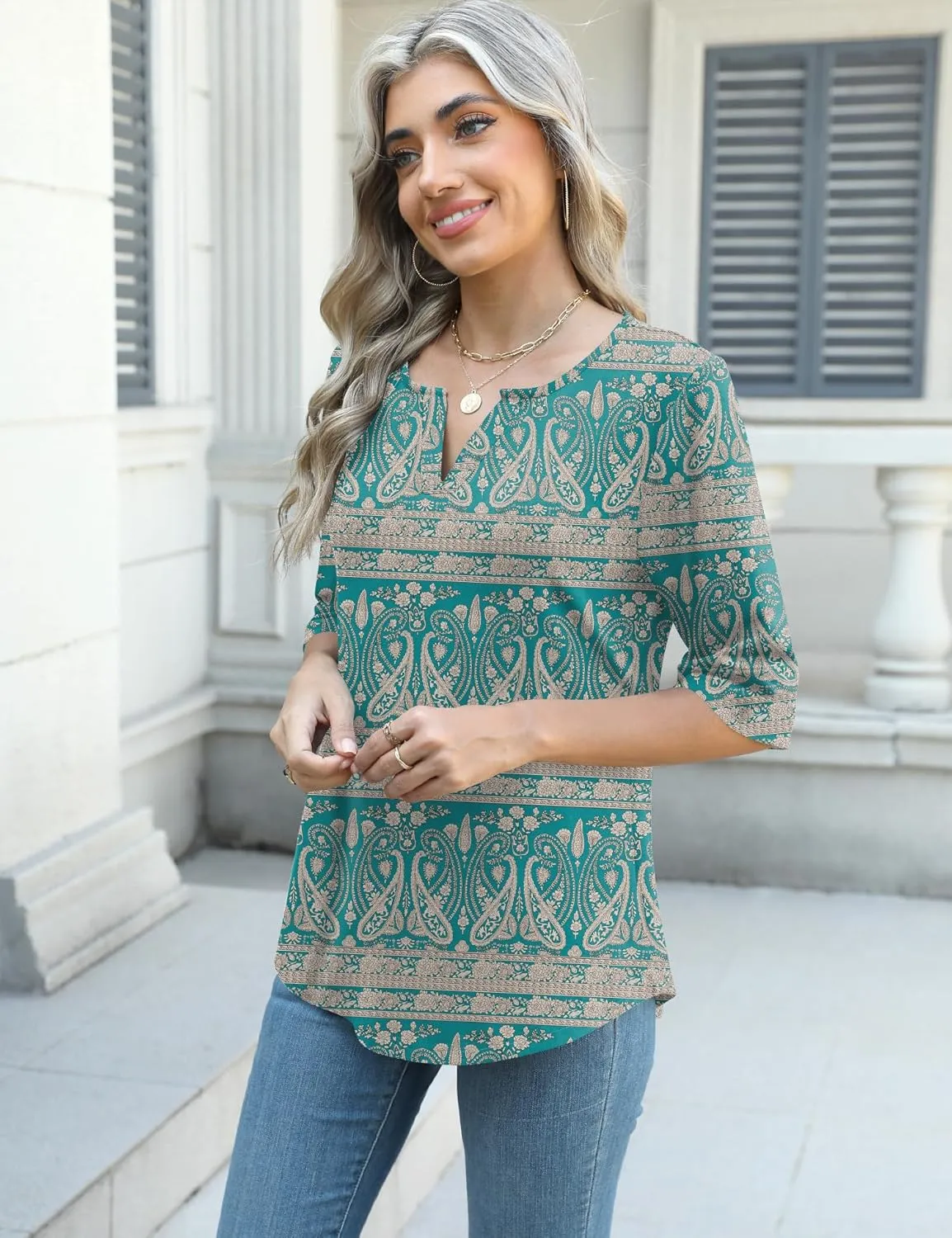 AKEWEI Women's V Neck 3/4 Sleeve T Shirts Summer Top Dressy Casual Basic Tees Shirt Tunic Blouses