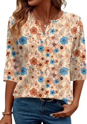AKEWEI Women's V Neck 3/4 Sleeve T Shirts Summer Top Dressy Casual Basic Tees Shirt Tunic Blouses