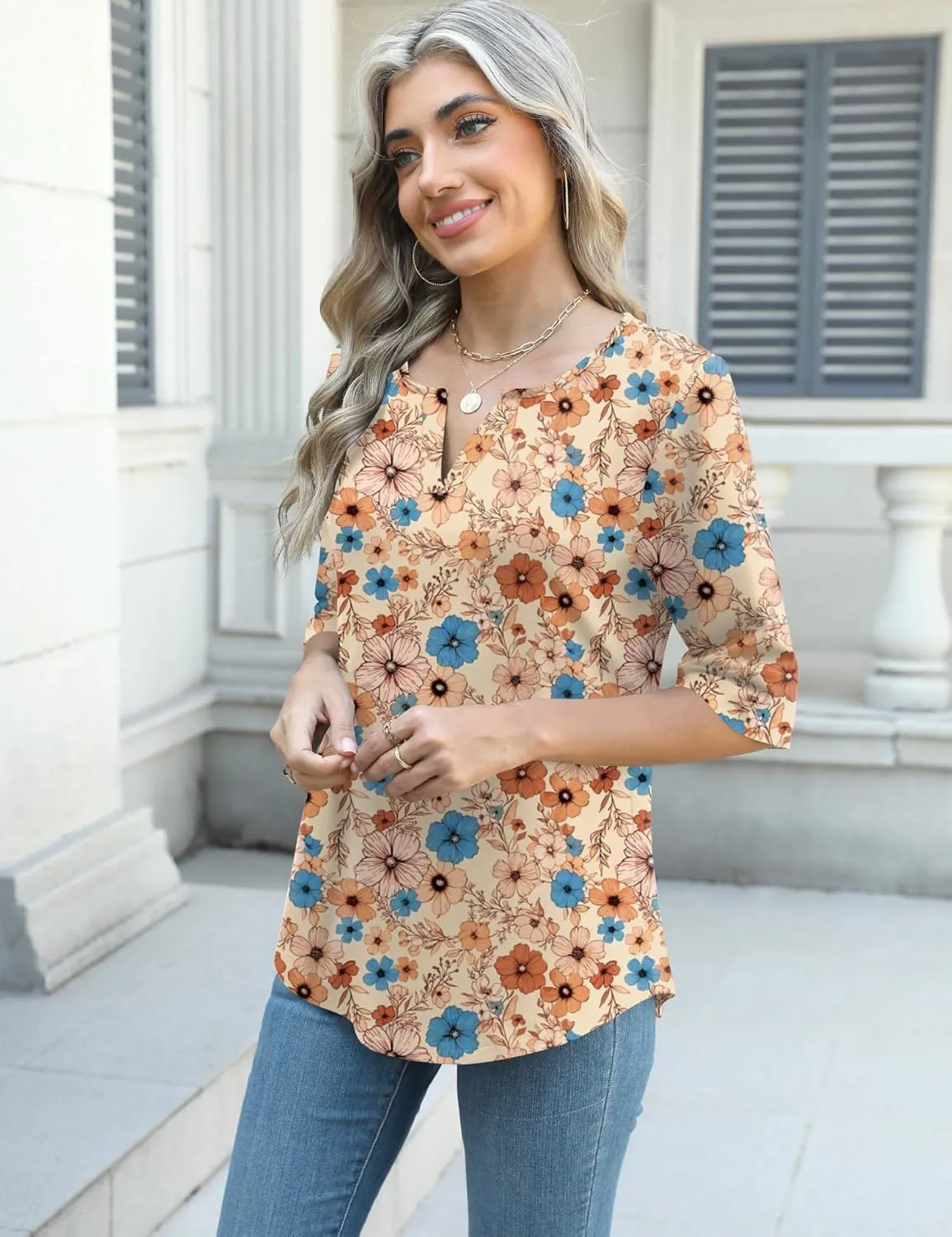 AKEWEI Women's V Neck 3/4 Sleeve T Shirts Summer Top Dressy Casual Basic Tees Shirt Tunic Blouses