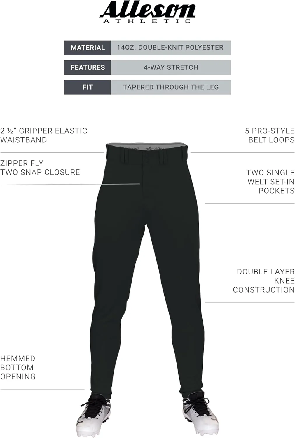 Alleson Athletic Boys' Crush Tapered Baseball Pant  Durable, Flexible Fabric, Moisture-Wicking, and Stylish Fit