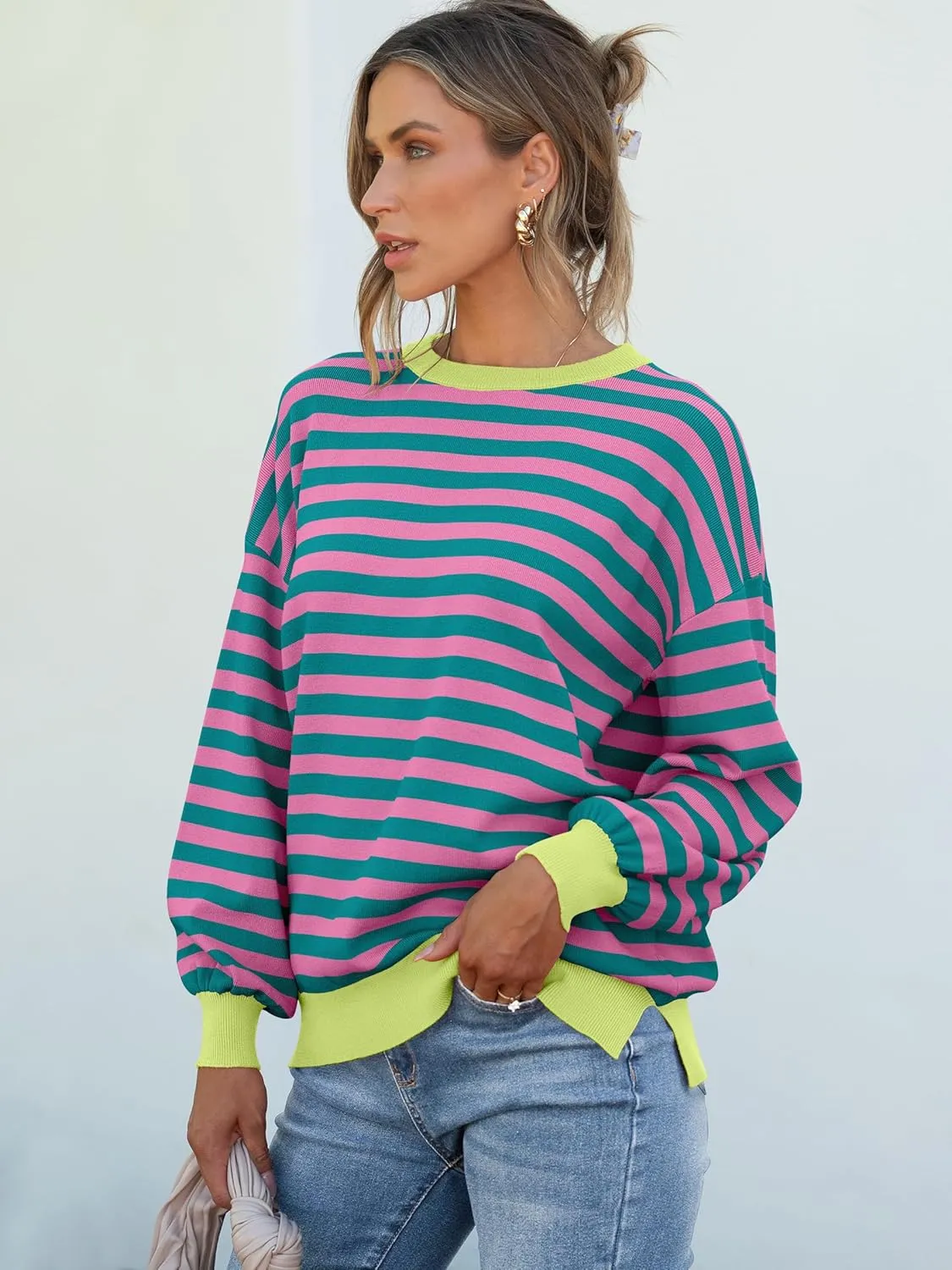 ANRABESS Womens Oversized Striped Sweaters Long Sleeve Crewneck Casual Side Slit Pullover Shirts 2025 Spring Trendy Tops