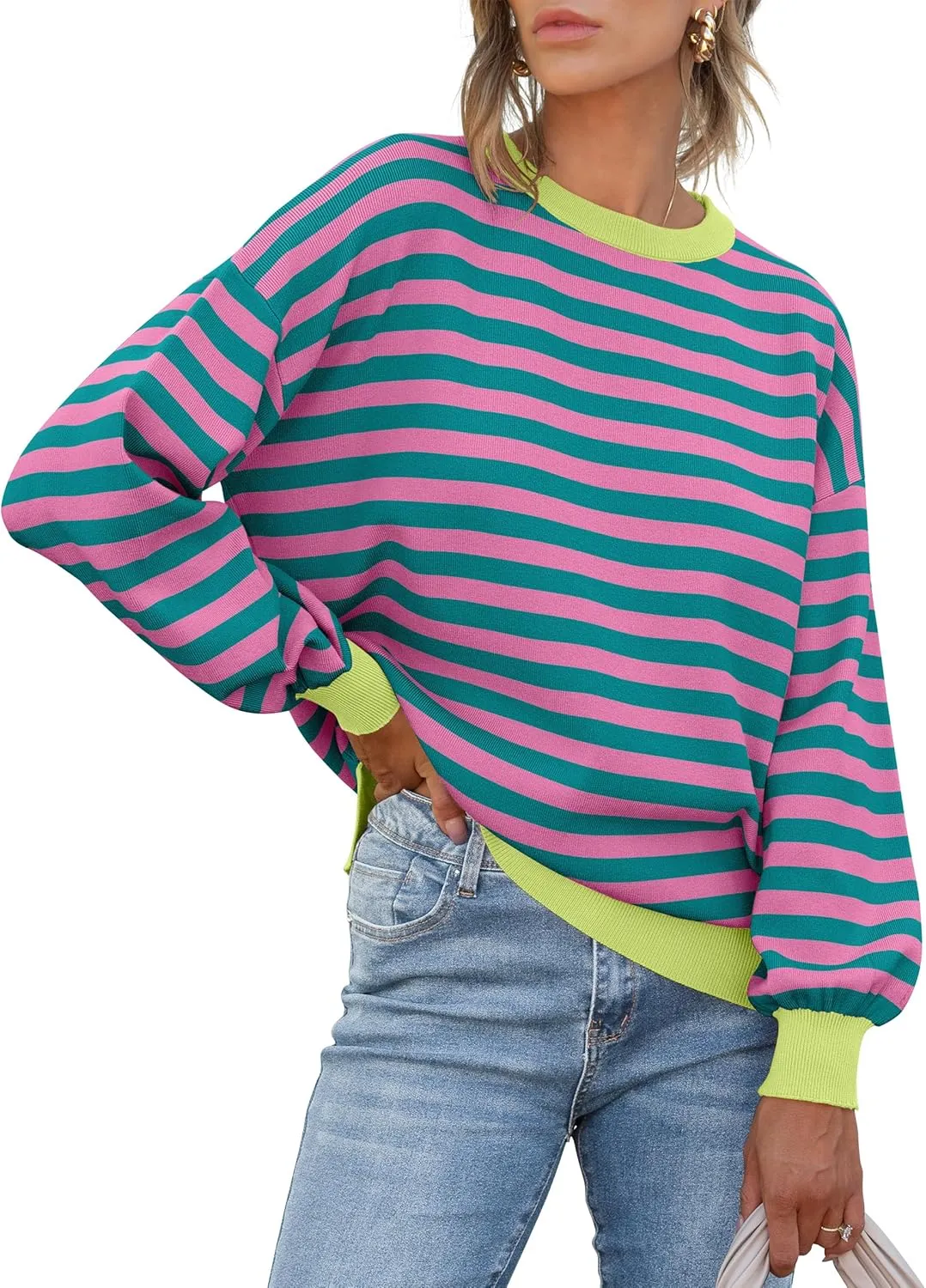 ANRABESS Womens Oversized Striped Sweaters Long Sleeve Crewneck Casual Side Slit Pullover Shirts 2025 Spring Trendy Tops