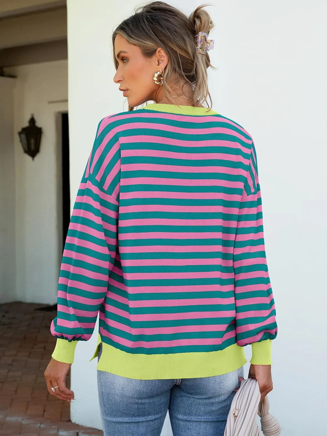 ANRABESS Womens Oversized Striped Sweaters Long Sleeve Crewneck Casual Side Slit Pullover Shirts 2025 Spring Trendy Tops