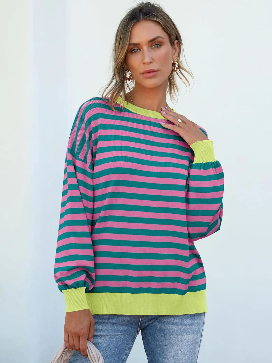ANRABESS Womens Oversized Striped Sweaters Long Sleeve Crewneck Casual Side Slit Pullover Shirts 2025 Spring Trendy Tops