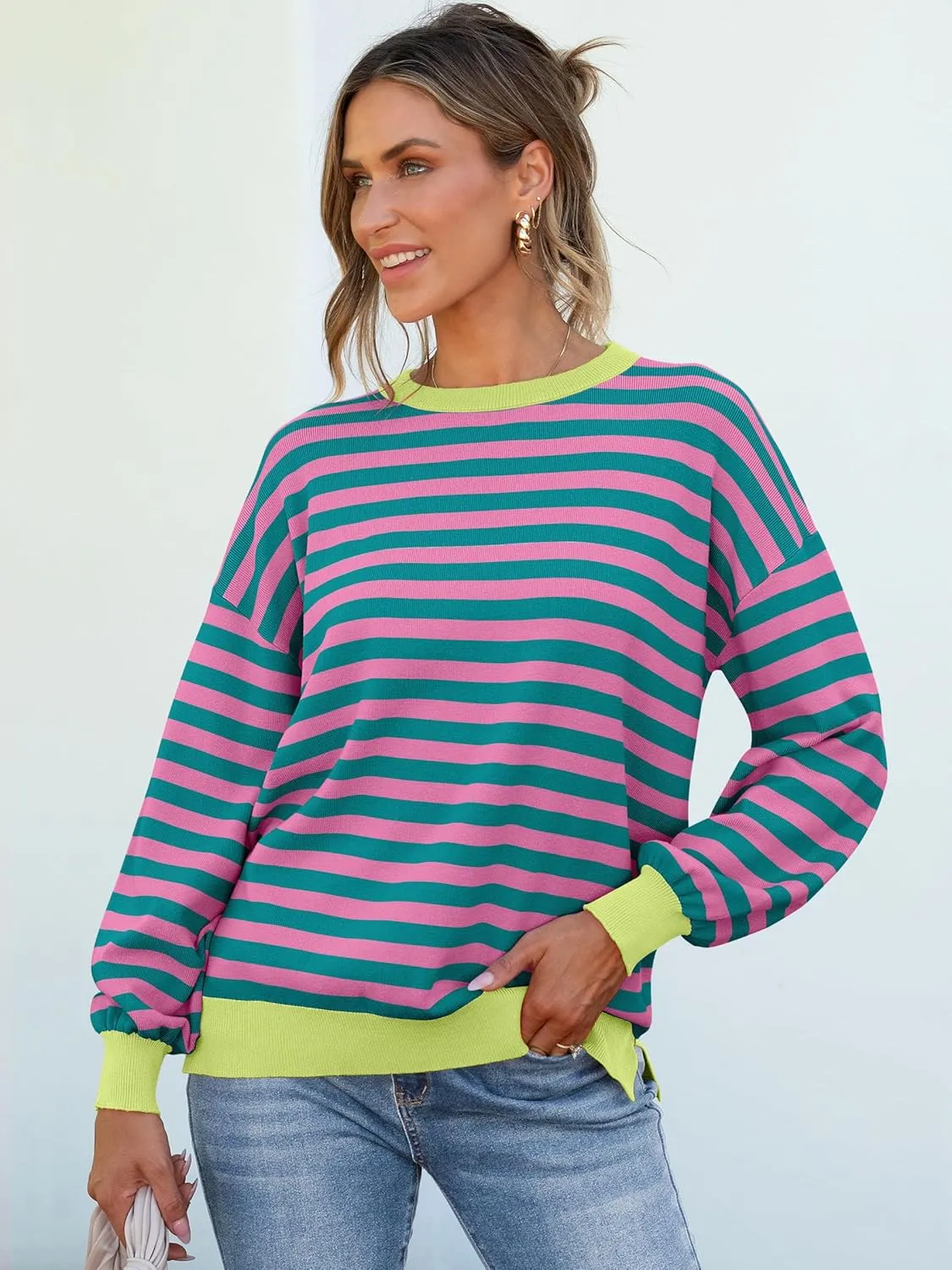 ANRABESS Womens Oversized Striped Sweaters Long Sleeve Crewneck Casual Side Slit Pullover Shirts 2025 Spring Trendy Tops