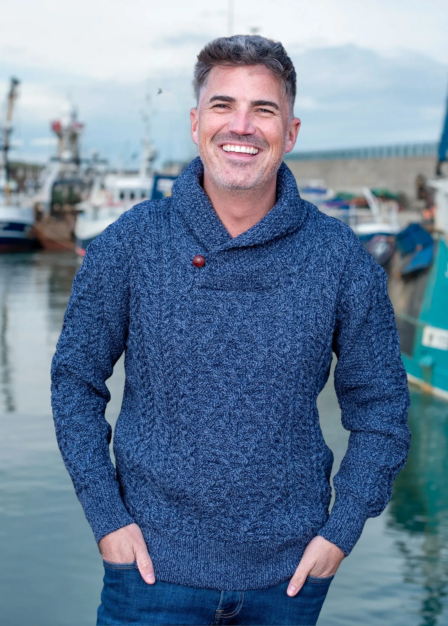 Aran Shawl Neck Sweater | Denim