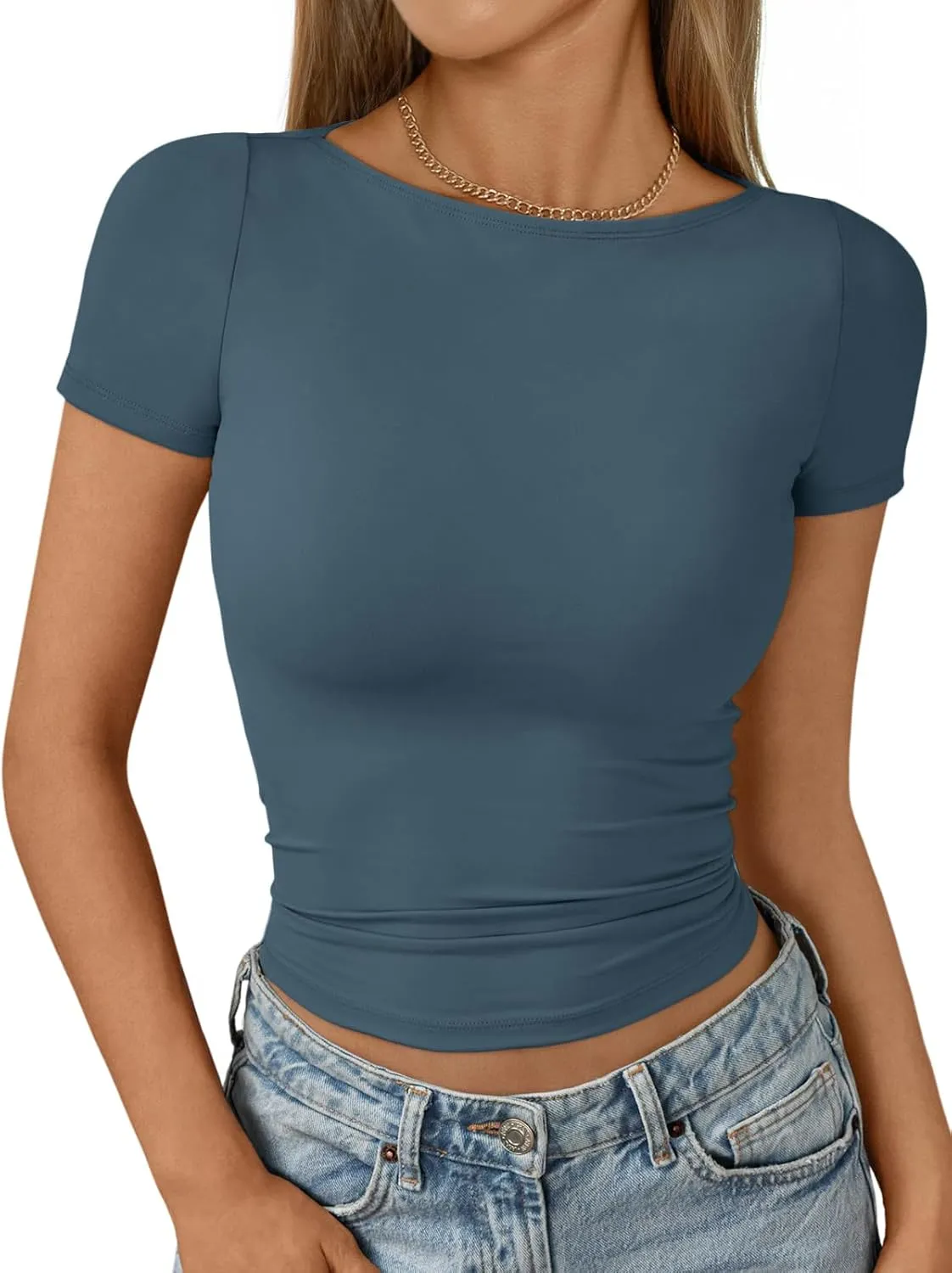 AUTOMET Womens Short Sleeve Boat Neck T-Shirts Going Out Tops Compression Summer Y2k Basic Clothes 2025