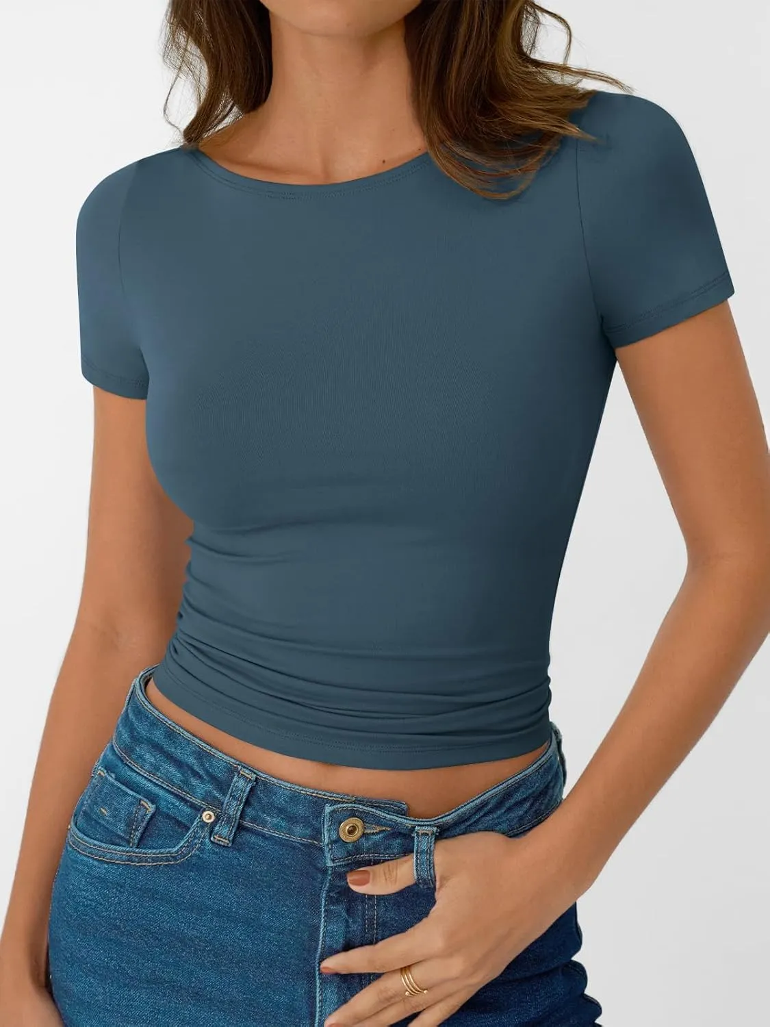 AUTOMET Womens Short Sleeve Boat Neck T-Shirts Going Out Tops Compression Summer Y2k Basic Clothes 2025