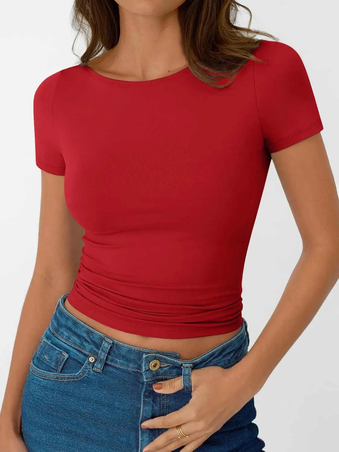 AUTOMET Womens Short Sleeve Boat Neck T-Shirts Going Out Tops Compression Summer Y2k Basic Clothes 2025