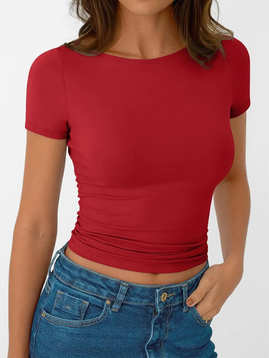 AUTOMET Womens Short Sleeve Boat Neck T-Shirts Going Out Tops Compression Summer Y2k Basic Clothes 2025