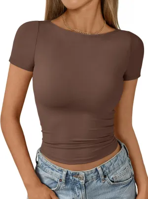 AUTOMET Womens Short Sleeve Boat Neck T-Shirts Going Out Tops Compression Summer Y2k Basic Clothes 2025