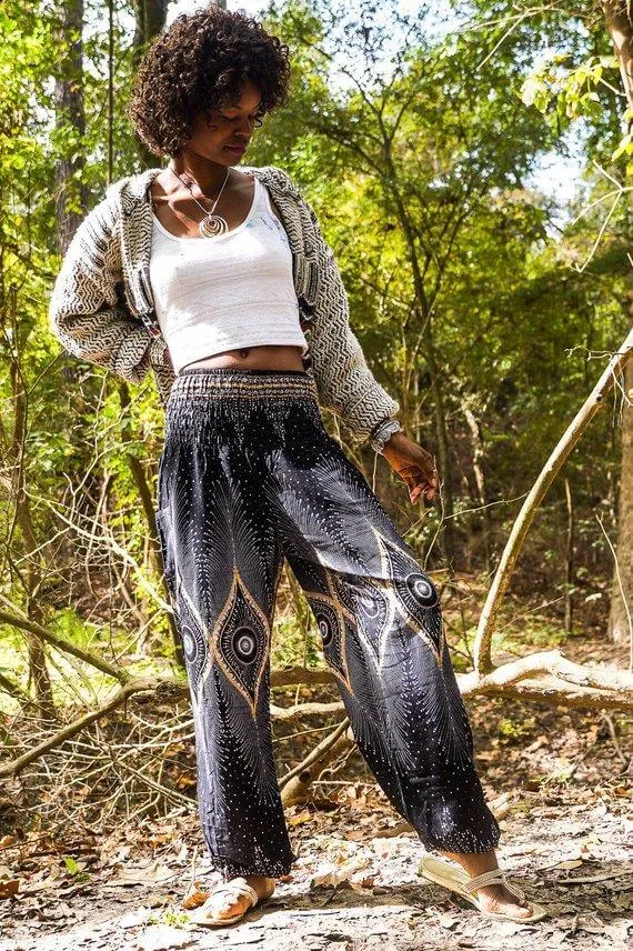Black Handmade Boho Pants with Peacock Design