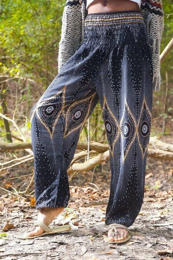 Black Handmade Boho Pants with Peacock Design