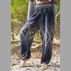 Black Handmade Boho Pants with Peacock Design