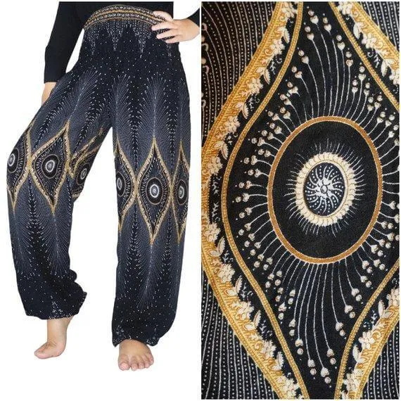 Black Handmade Boho Pants with Peacock Design