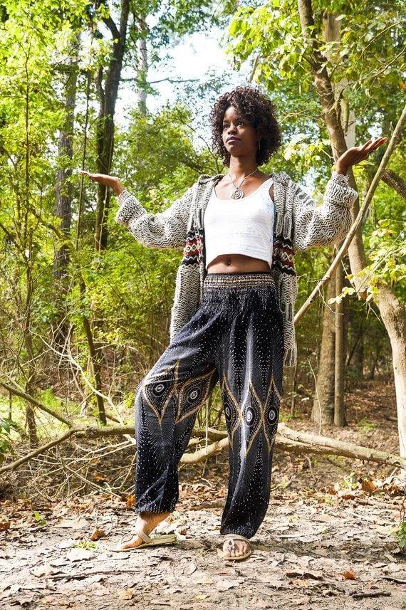 Black Handmade Boho Pants with Peacock Design