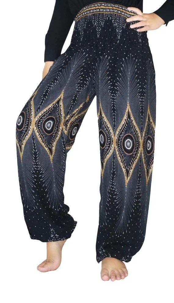 Black Handmade Boho Pants with Peacock Design