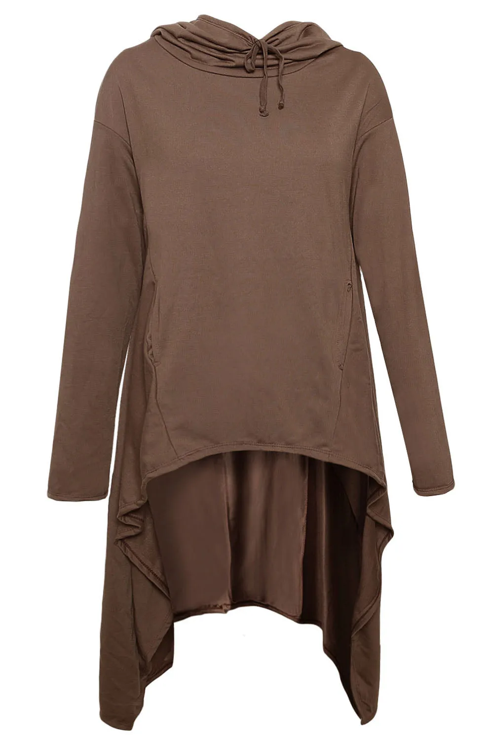 Brown Plain Drawstring Irregular Oversize Hoodie