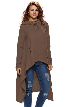 Brown Plain Drawstring Irregular Oversize Hoodie