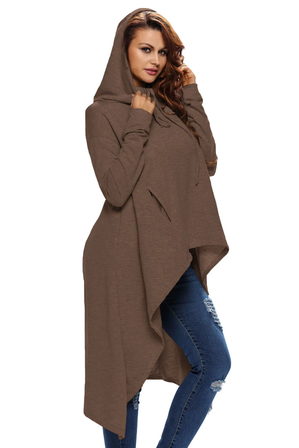 Brown Plain Drawstring Irregular Oversize Hoodie