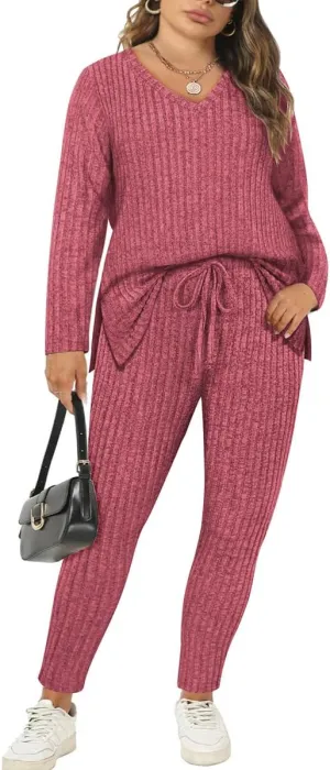 CARCOS Plus Size 2 Piece Fall Sets for Women Ribbed Sweaters Outfits Lounge Set Long Sleeve Pajama Sets Track Suits XL-5XL