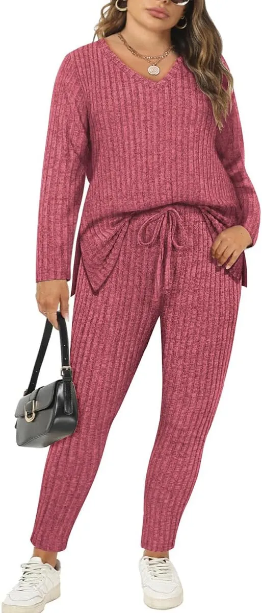 CARCOS Plus Size 2 Piece Fall Sets for Women Ribbed Sweaters Outfits Lounge Set Long Sleeve Pajama Sets Track Suits XL-5XL