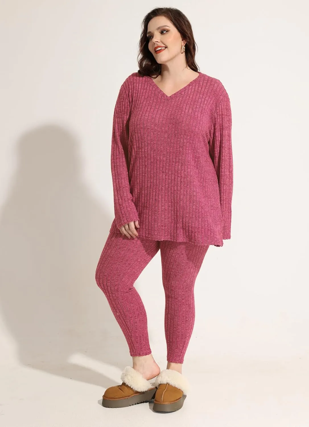 CARCOS Plus Size 2 Piece Fall Sets for Women Ribbed Sweaters Outfits Lounge Set Long Sleeve Pajama Sets Track Suits XL-5XL