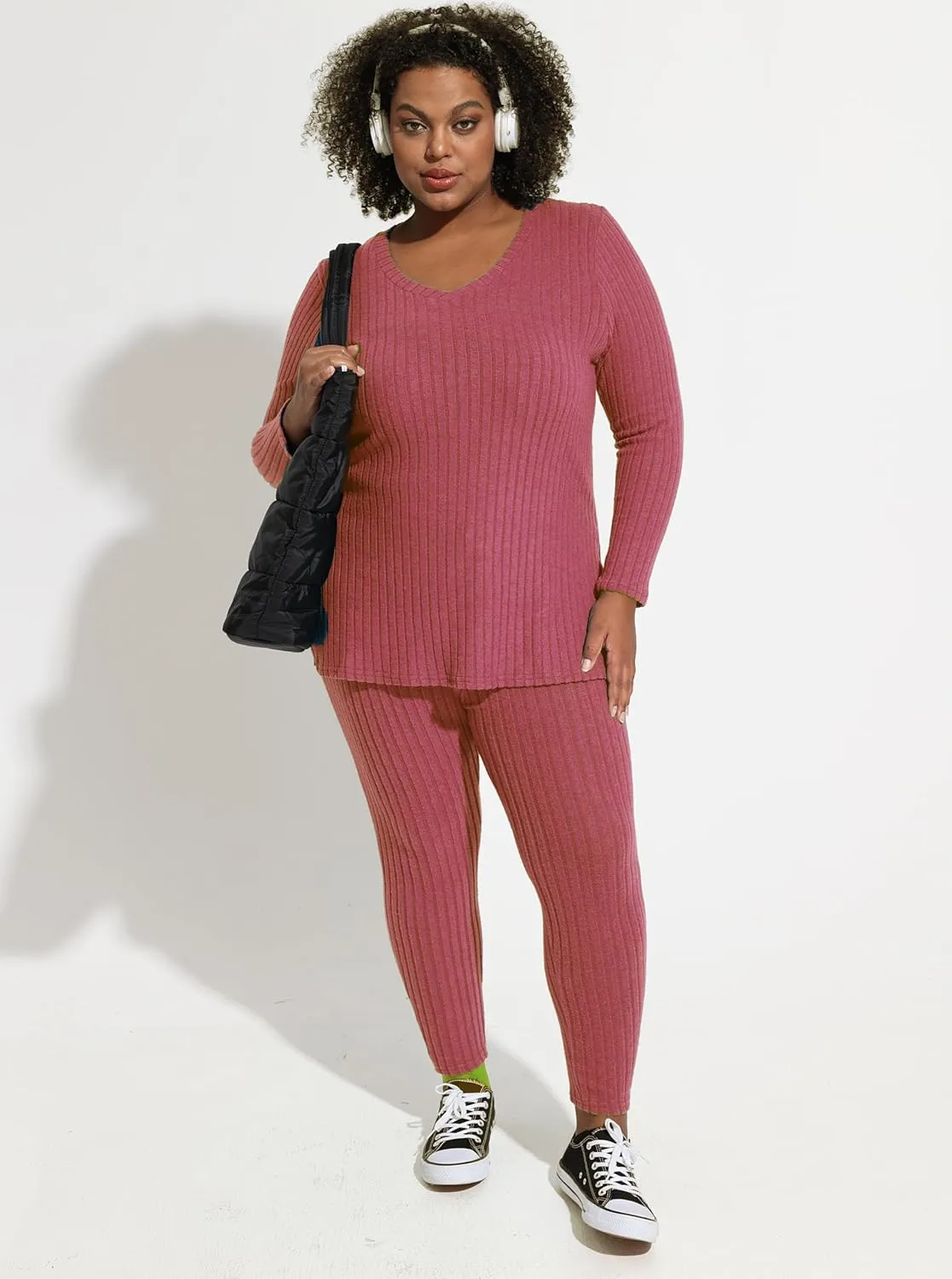CARCOS Plus Size 2 Piece Fall Sets for Women Ribbed Sweaters Outfits Lounge Set Long Sleeve Pajama Sets Track Suits XL-5XL