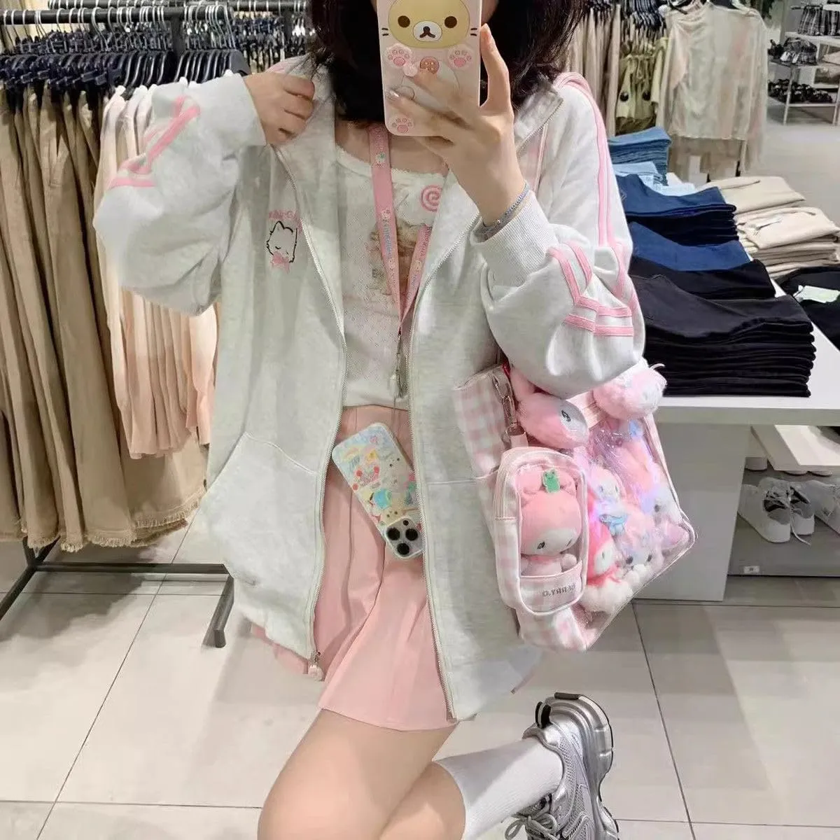 CEINOM Women Harajuku Cute Pink Cat Embroidery Oversized Hoodie Japanese Fashion Kawaii Zipper Hoodies Sweatshirt