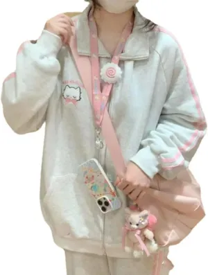 CEINOM Women Harajuku Cute Pink Cat Embroidery Oversized Hoodie Japanese Fashion Kawaii Zipper Hoodies Sweatshirt