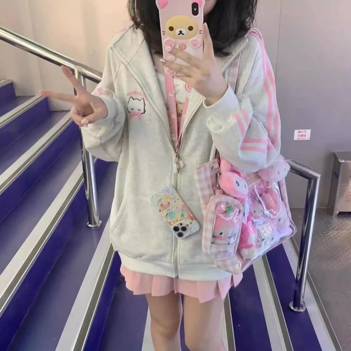 CEINOM Women Harajuku Cute Pink Cat Embroidery Oversized Hoodie Japanese Fashion Kawaii Zipper Hoodies Sweatshirt