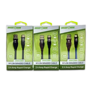 Charging Cable Nylon Braided USB to USB-C 4FT 2.4 Amp - 3 Pieces Per Pack 24616