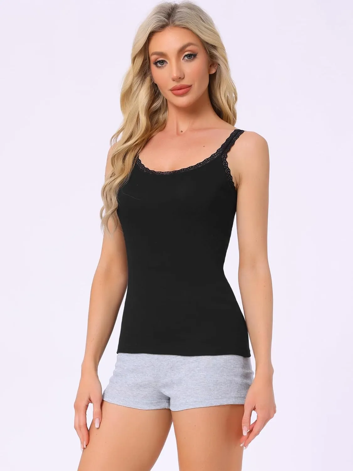 cheibear Womens Lace Camisole Tank Tops Cotton Cami Pajamas Top Soft Comfy Undershirt