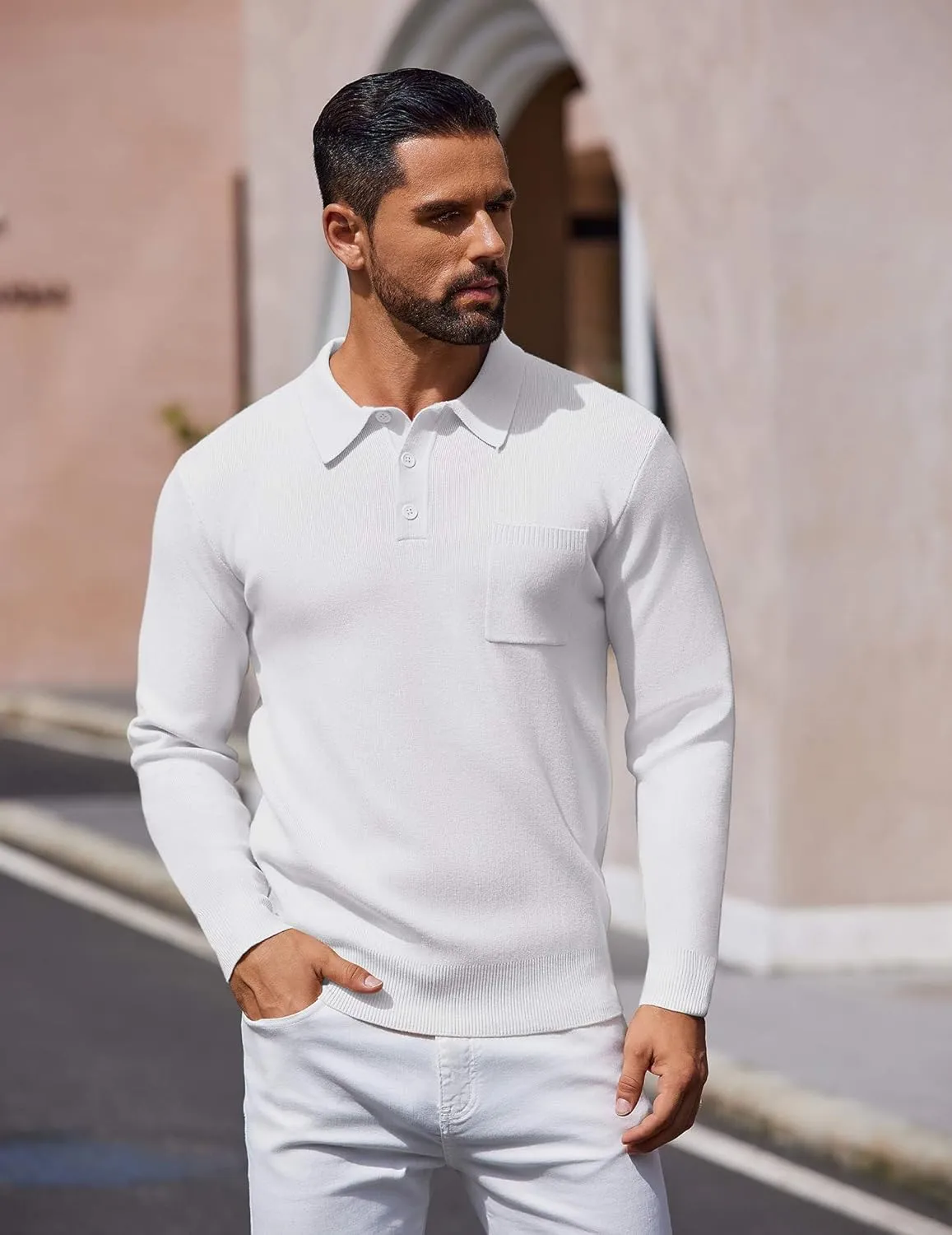 COOFANDY Mens Long Sleeve Polo Sweater Knit Polo Casual Heavyweight Thermal Pullover Sweater with Pocket