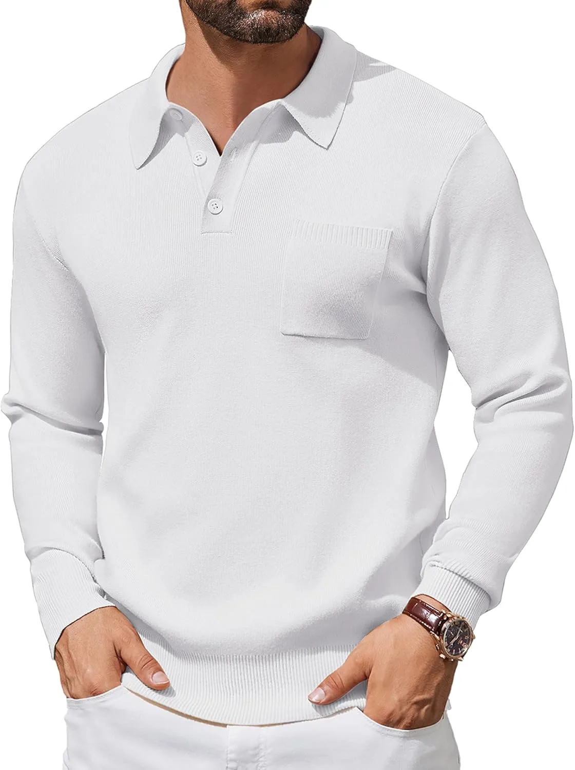 COOFANDY Mens Long Sleeve Polo Sweater Knit Polo Casual Heavyweight Thermal Pullover Sweater with Pocket
