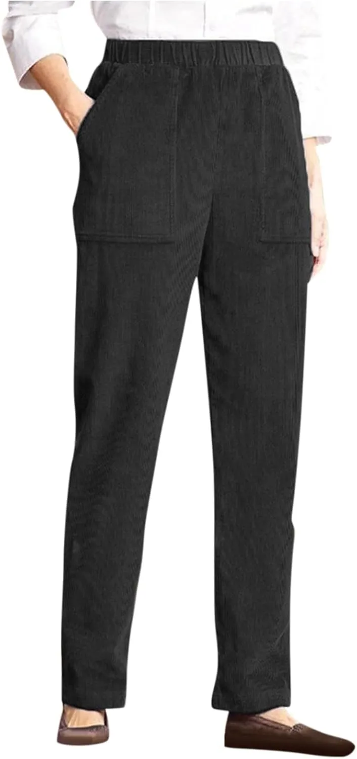 Corduroy Pants Women Casual Elastic High Waist Petite Pants Straight Leg Pants Loose Comfy Trousers with Pockets