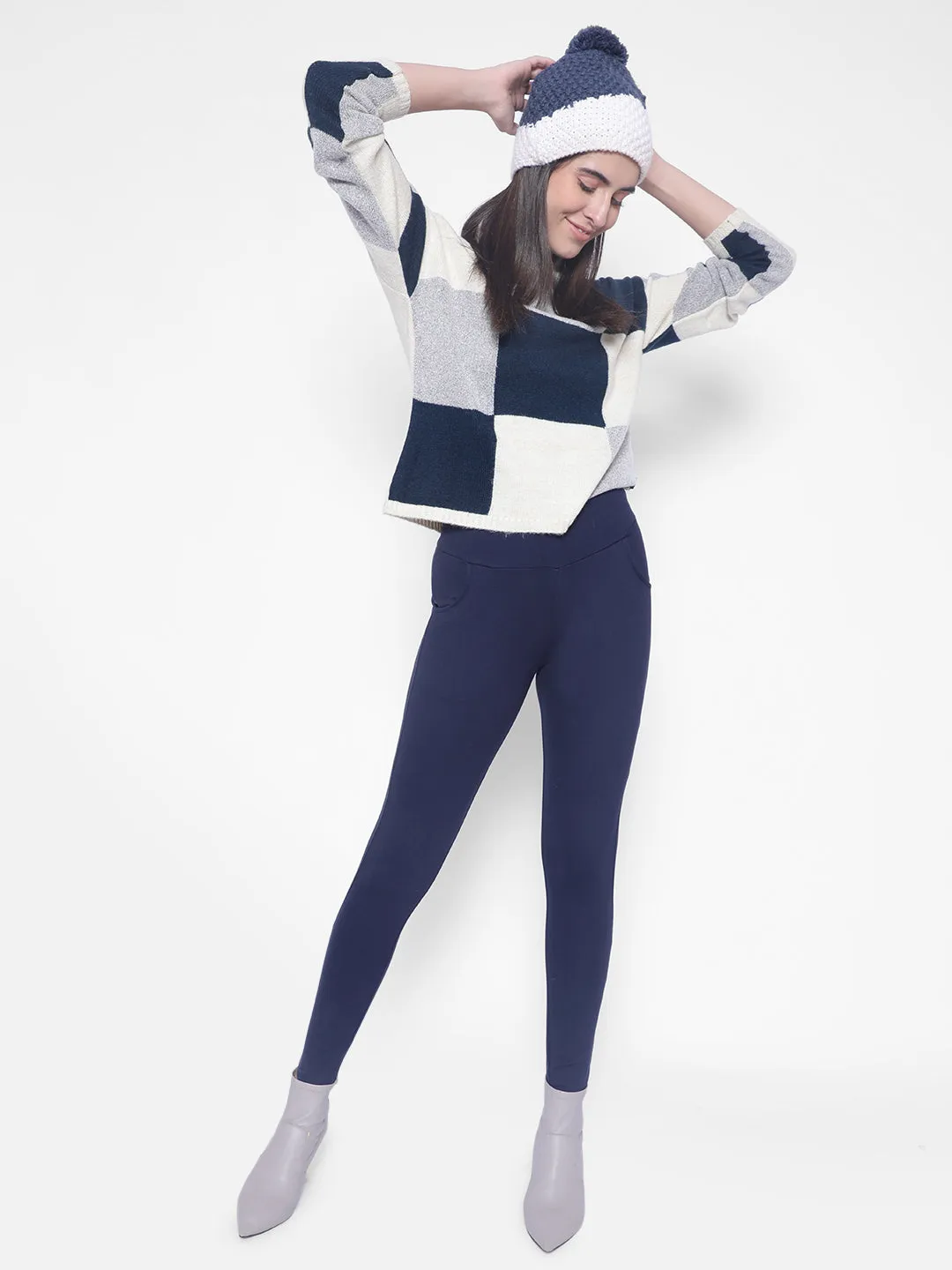 Cream Colourblocked Sweaters