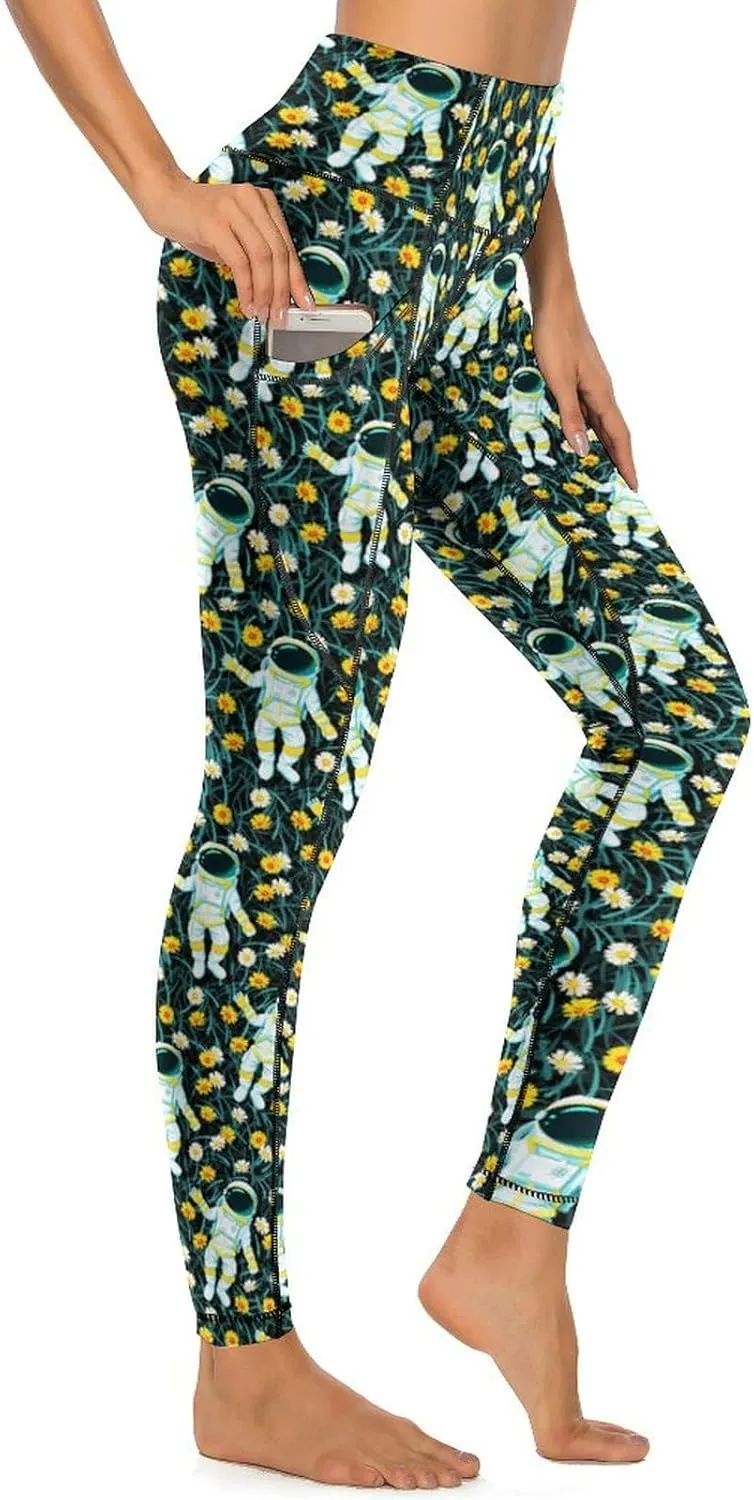 Cute Birds Floral Yoga Pants Women Tummy Control Workout Leggings with Pockets Stretchy High Waist Work Casual Pants