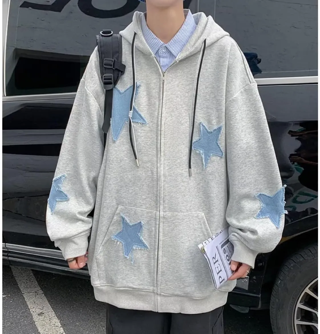 CYee Y2K Hoodie Women Grunge Stars Zip Up Sweatshirt Acubi Emo Oversized Hooded Jacket Harajuku Pullover Alt Clothing