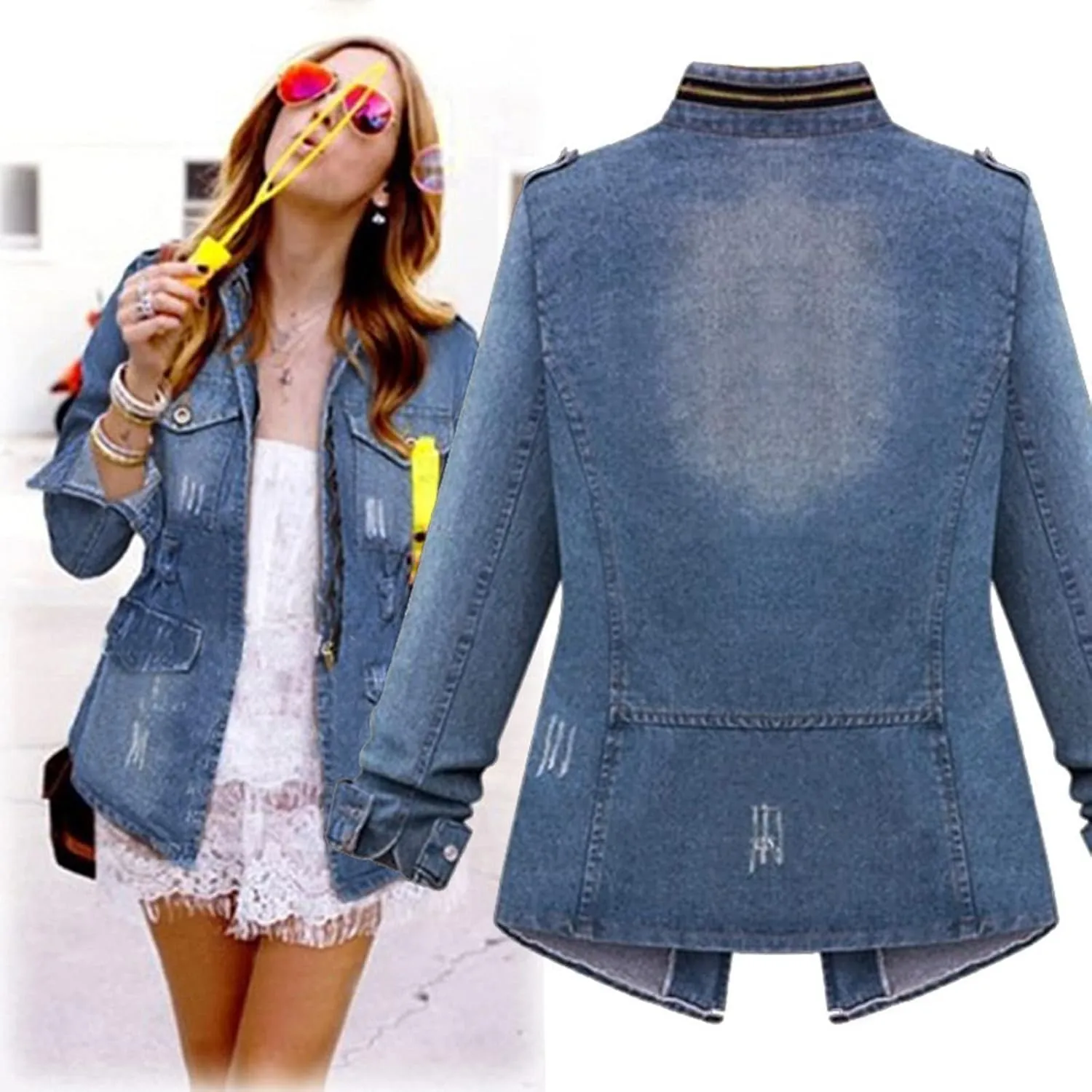 Denim Ladies Coat Plus Jeans Womens Chain Oversize Size Jacket Casual Pocket Women Ladies Jackets Sleeveless (Blue, XL)