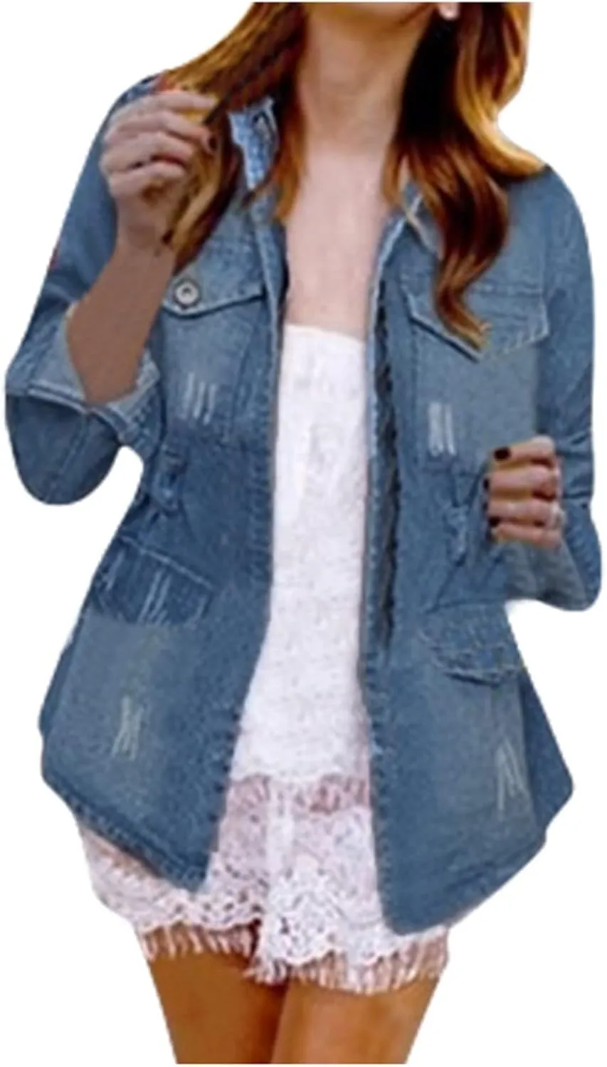 Denim Ladies Coat Plus Jeans Womens Chain Oversize Size Jacket Casual Pocket Women Ladies Jackets Sleeveless (Blue, XL)