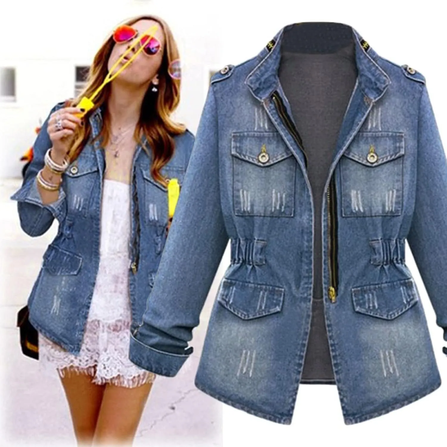 Denim Ladies Coat Plus Jeans Womens Chain Oversize Size Jacket Casual Pocket Women Ladies Jackets Sleeveless (Blue, XL)